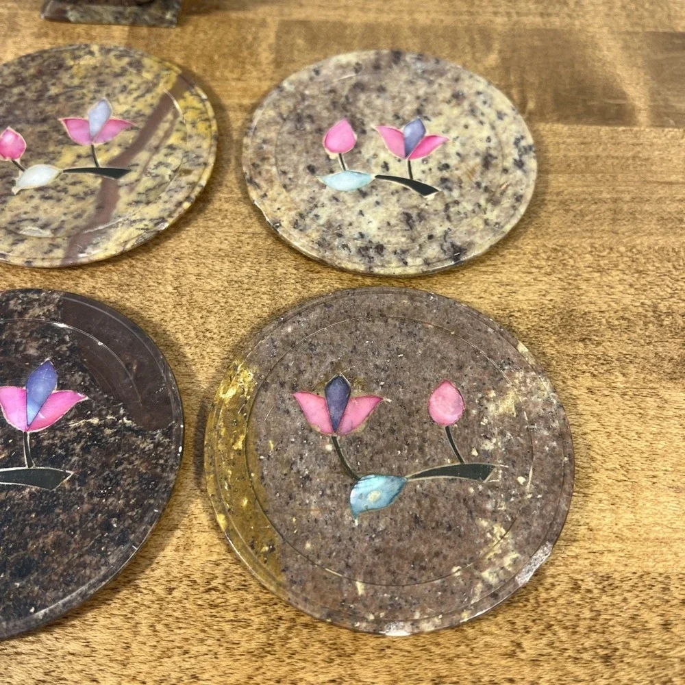 Vintage Marble Floral Mother of Pearl Inlay Coasters Set of 6 W/ Holder
